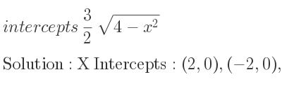 The intercepts of 3/2 sqrt(4-x^2) is X Intercepts: (2,0),(-2,0),Y Intercepts: (0,3)
